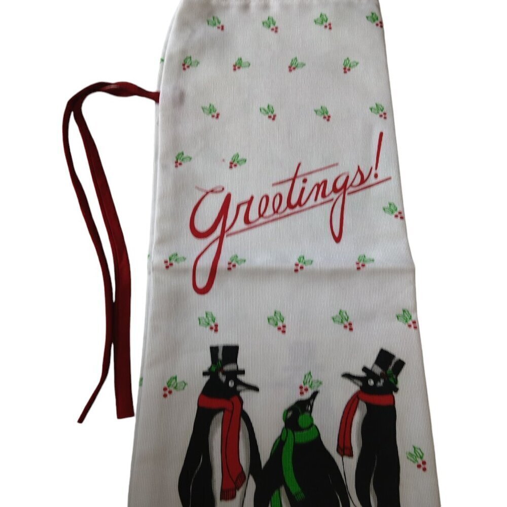 Wine Bottle Cloth Gift Bag Christmas Greetings Penguins Holly With Red Tie CB1 - Picture 2 of 4